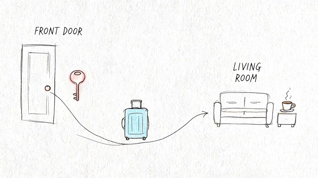 A hand-drawn illustration showing a key, a suitcase, and a sofa representing a vacation rental journey.