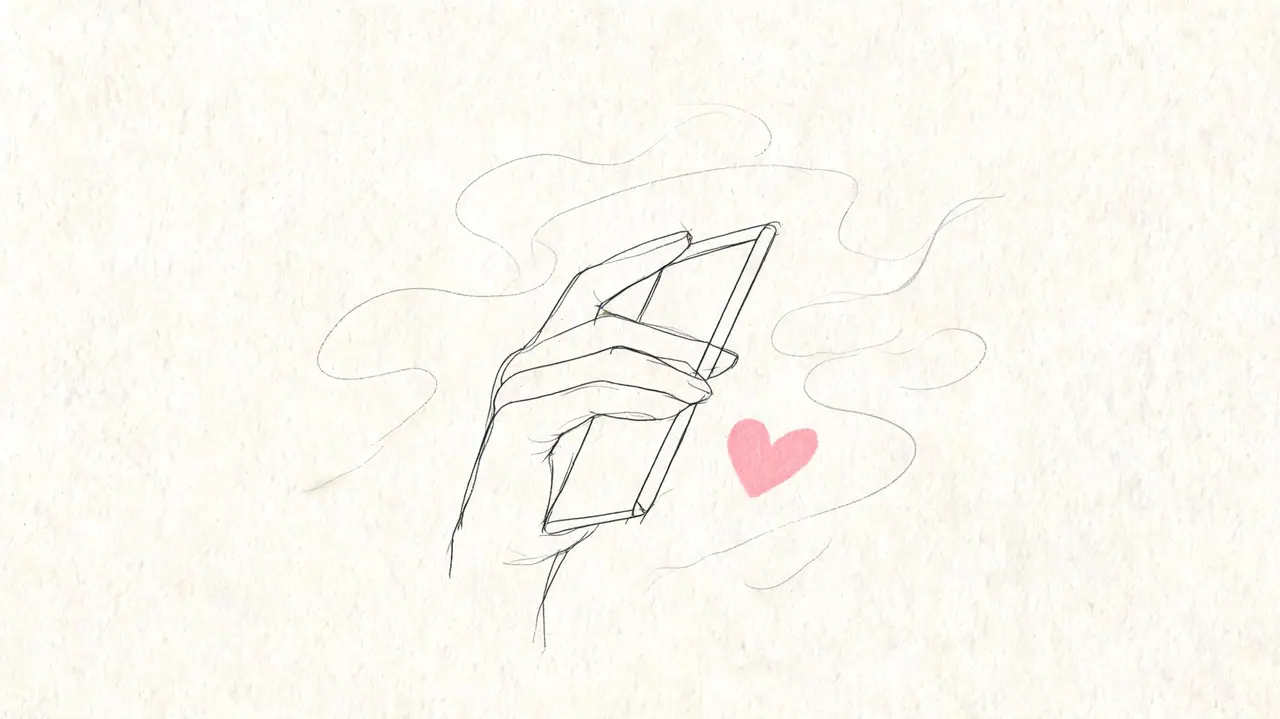 A simple sketch of a hand holding a rectangular digital tablet or phone with a pink heart.