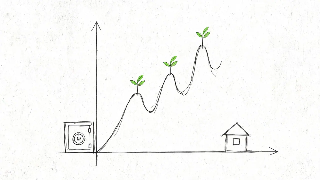 A hand-drawn illustration featuring a growth graph starting from a safe and reaching a house.