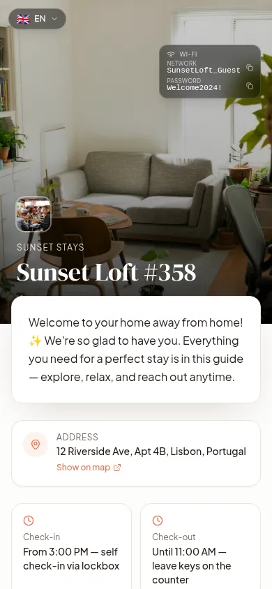 ScanStay welcome book — real guest view